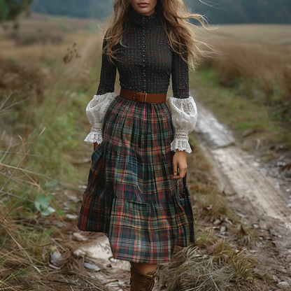 Women's Retro High Neck Long-sleeve Long Skirt Plaid Pastoral Style Maxi Long Dress