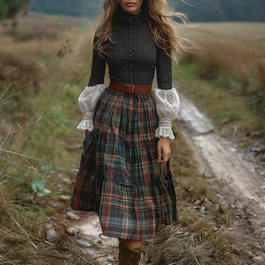 Women's Retro High Neck Long-sleeve Long Skirt Plaid Pastoral Style Maxi Long Dress
