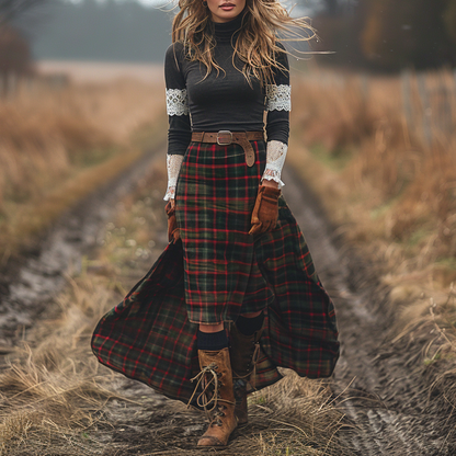 Women's Retro High Neck Long-sleeve Long Skirt Plaid Pastoral Style Maxi Long Dress