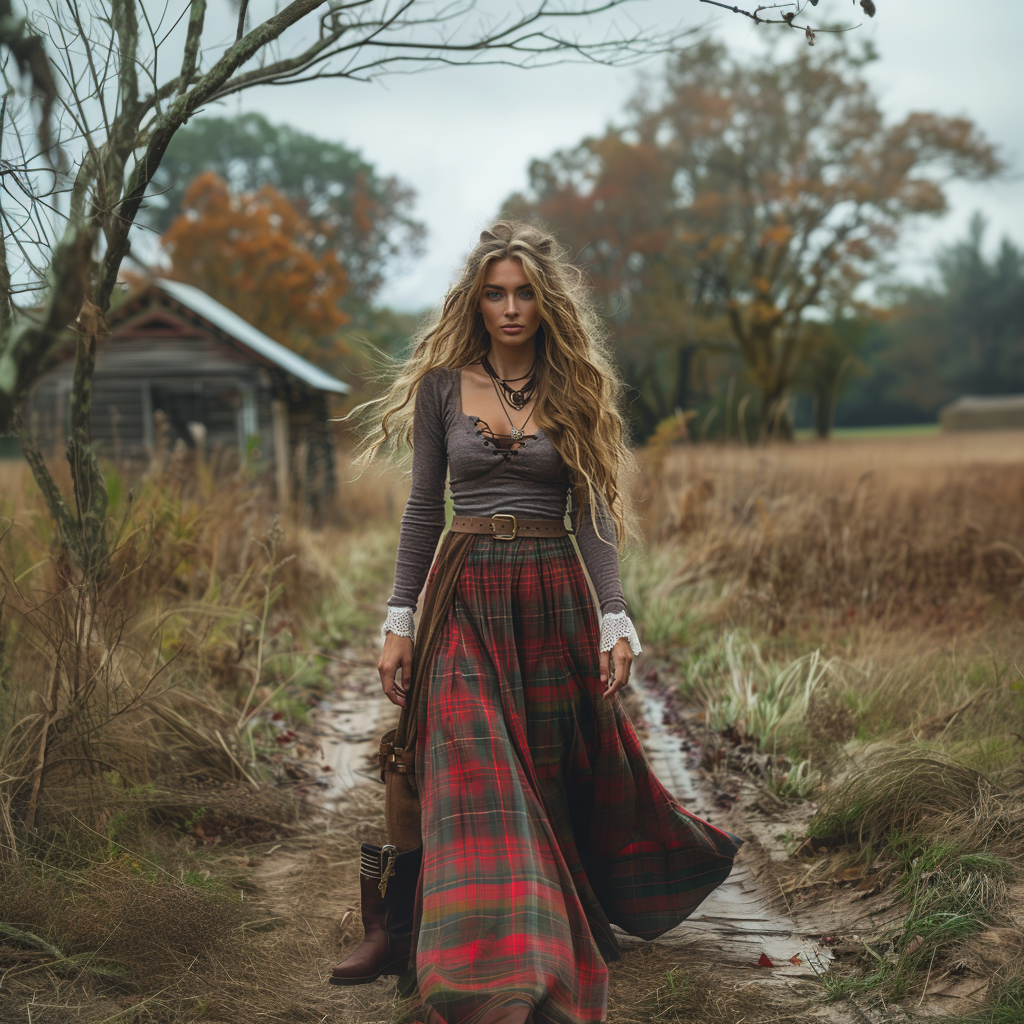 Women's Retro Plaid V-neck Long-sleeve Long Skirt Pastoral Style Maxi Long Dress
