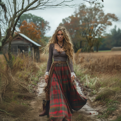 Women's Retro Plaid V-neck Long-sleeve Long Skirt Pastoral Style Maxi Long Dress
