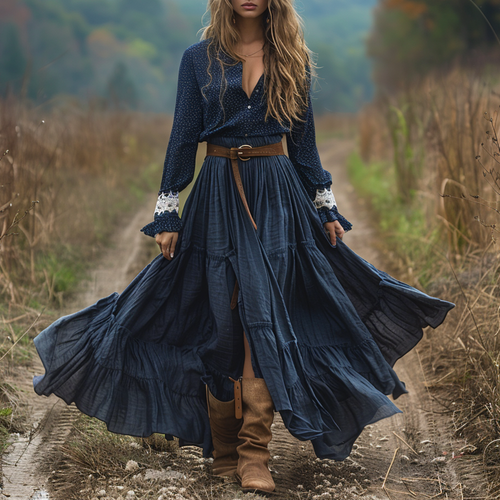 Women's Retro Pastoral Style Lace Long-sleeve Linen Maxi Long Dress