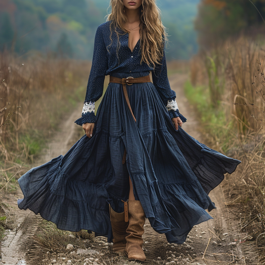 Women's Retro Pastoral Style Lace Long-sleeve Linen Maxi Long Dress