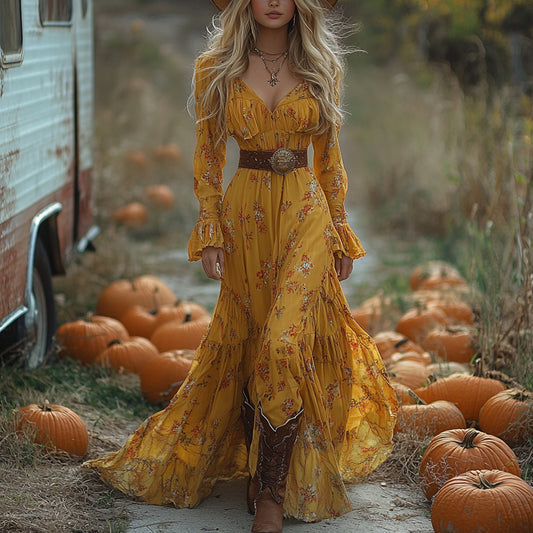 Vintage Cowgirl Style Halloween Floral Dress