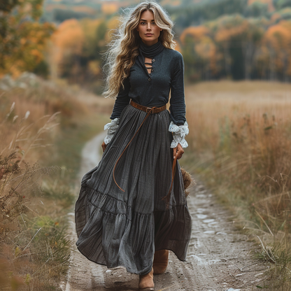 Women's Vintage Paneled Linen Long-sleeve Maxi Long Dress