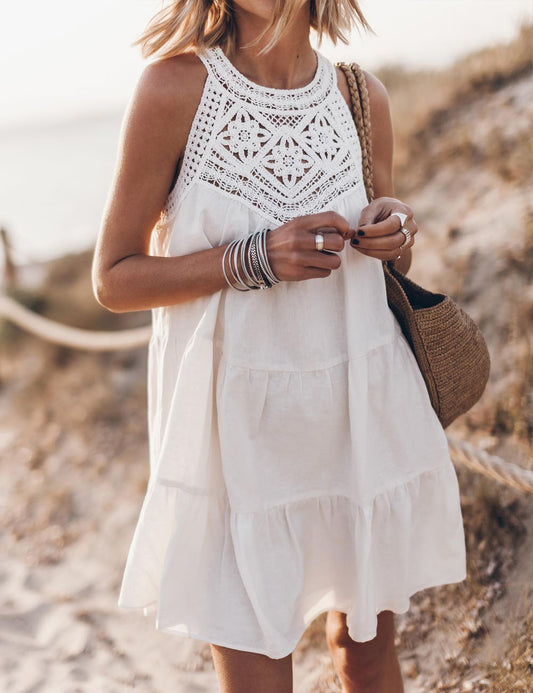 Hollow Lace Stitching Halter Neck A-line Dress
