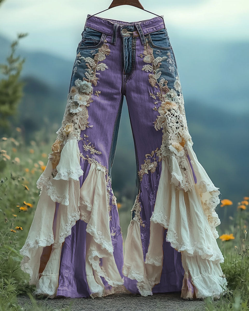 Summer ruffled denim cotton and linen patchwork contrast color pants 3d3a