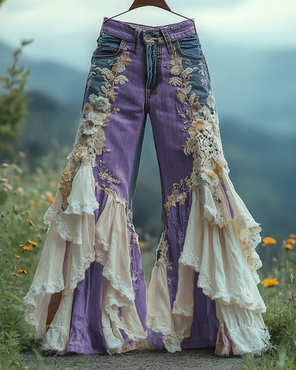 Summer ruffled denim cotton and linen patchwork contrast color pants 3d3a