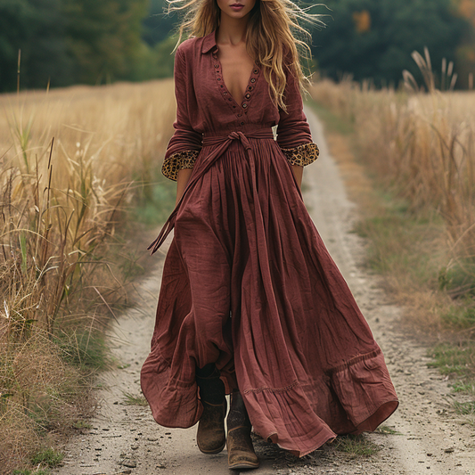Women's Retro Pastoral Style Lace Long-sleeve Linen Maxi Long Dress
