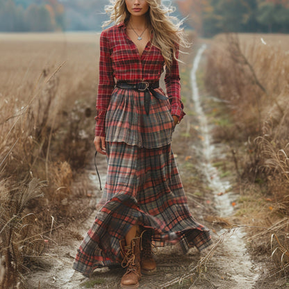 Women's Vintage V-neck Bohemian Pastoral Style Long-sleeve Maxi Long Dress