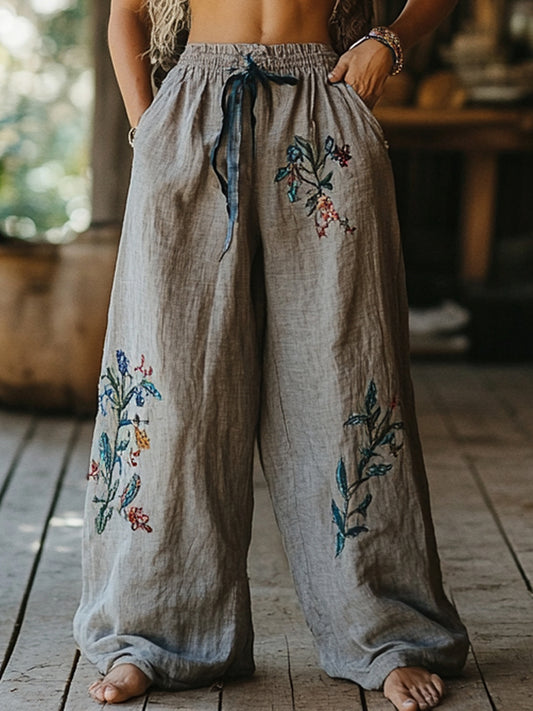 Hamivibe Bohemian Floral Art Printed Cotton Linen Wide Leg Pants 6dc2