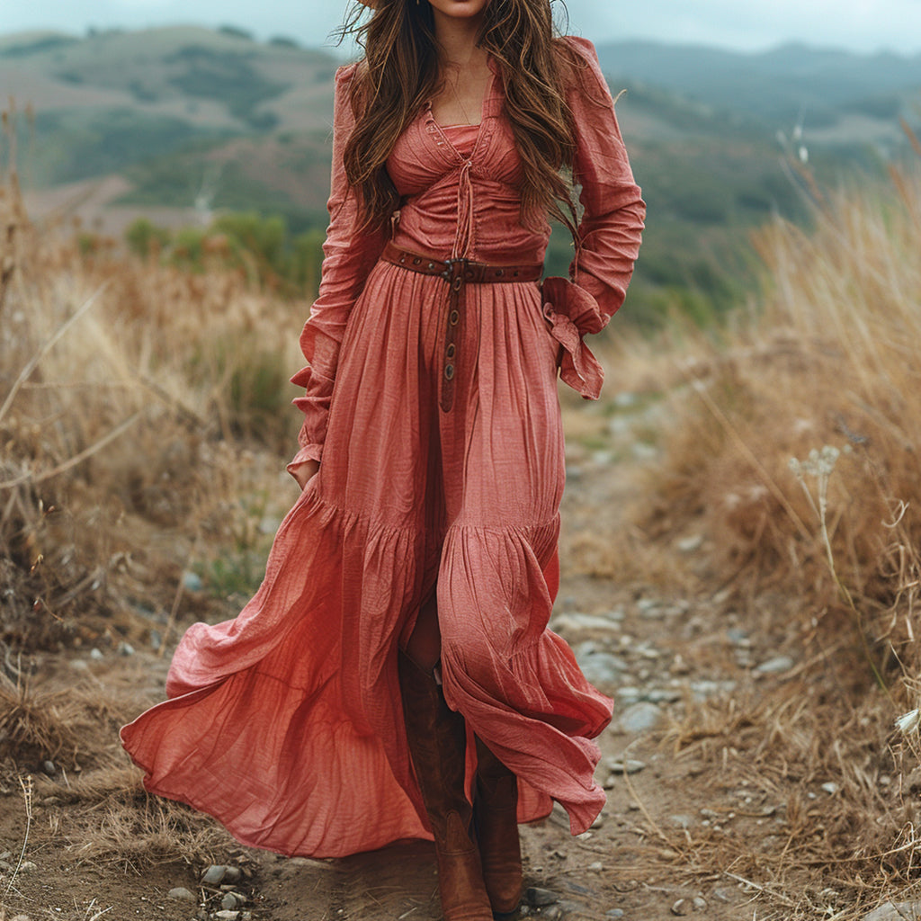 Women's Vintage V-neck Bohemian Pastoral Style Long-sleeve Maxi Long Dress