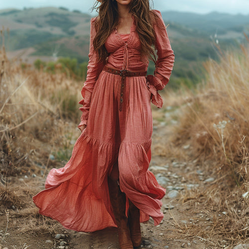 Women's Vintage V-neck Bohemian Pastoral Style Long-sleeve Maxi Long Dress