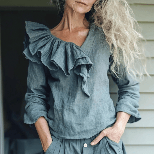 Women's Linen Asymmetric Ruffle Long-sleeve Top Shirt