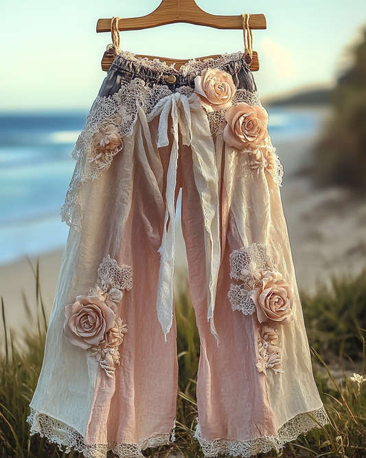 Summer Vacation Ruffle Lace Patchwork Irregular Pants  d0c0