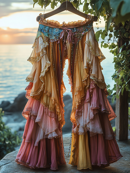 Summer ruffled cotton and linen patchwork contrast color pants f01e
