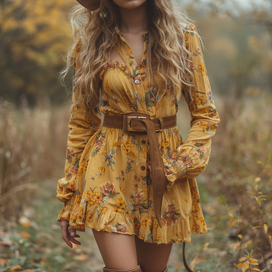 Women's Retro V-neck Floral Bohemian Pastoral Style Long-sleeved Mini Short Dress