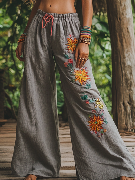 Bohemian Holiday Style Retro Linen Bohemian Leaf Ethnic Totem Print Linen Long Loose Wide-leg Pants 8f1f