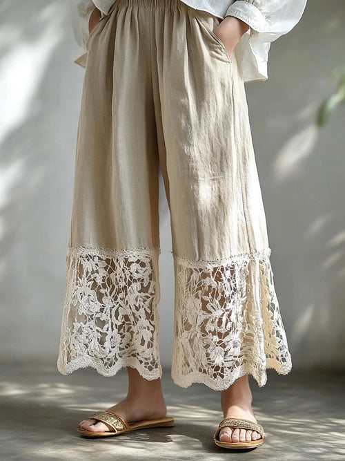 Hamivibe Vintage Hollow Floral Lace Patchwork Flowy Linen Pants 29d2