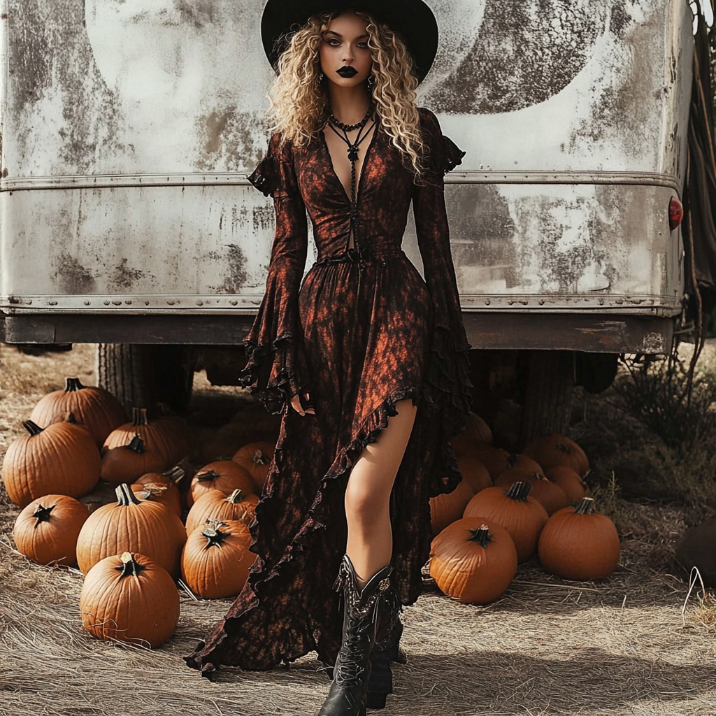 Women's Halloween Witch Style Tie-dye Long-sleeve Maxi Long Dress
