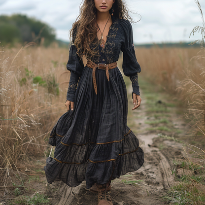 Women's Vintage V-neck Floral Bohemian Pastoral Style Long-sleeved Maxi Long Dress