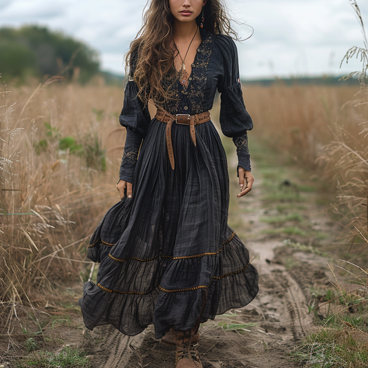 Women's Vintage V-neck Floral Bohemian Pastoral Style Long-sleeved Maxi Long Dress