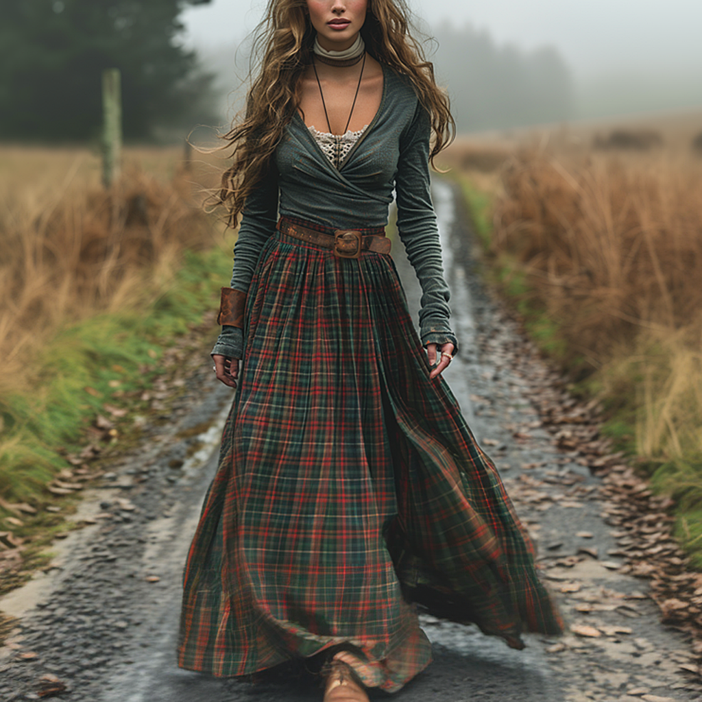 Women's Retro Plaid V-neck Long-sleeve Long Skirt Pastoral Style Maxi Long Dress