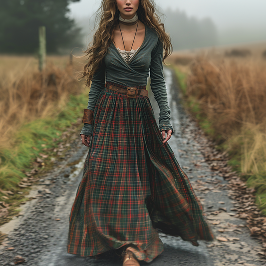 Women's Retro Plaid V-neck Long-sleeve Long Skirt Pastoral Style Maxi Long Dress