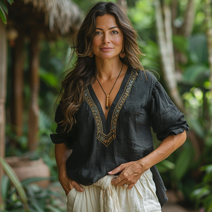 Retro Loose Bohemia Ethnic Style Linen V-neck Short-sleeved Top