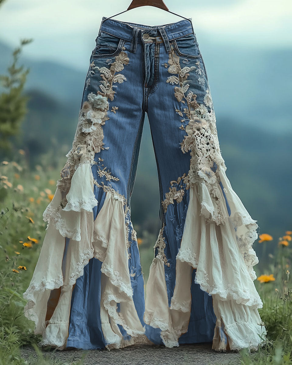 Summer ruffled denim cotton and linen patchwork contrast color pants 3d3a