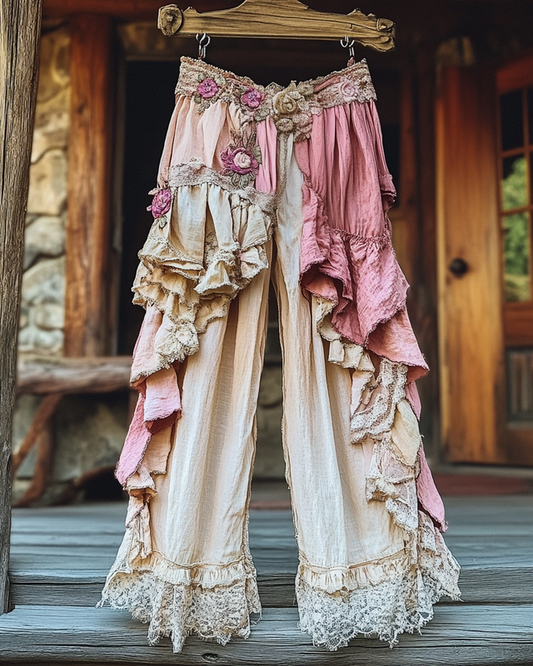 Summer Vacation Ruffle Lace Contrast Pants c888