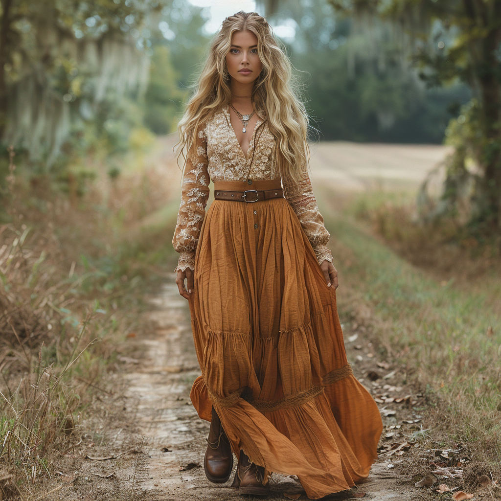 Women's Retro V-neck Country Pastoral Linen Style Long-sleeve Casual Maxi Long Dress