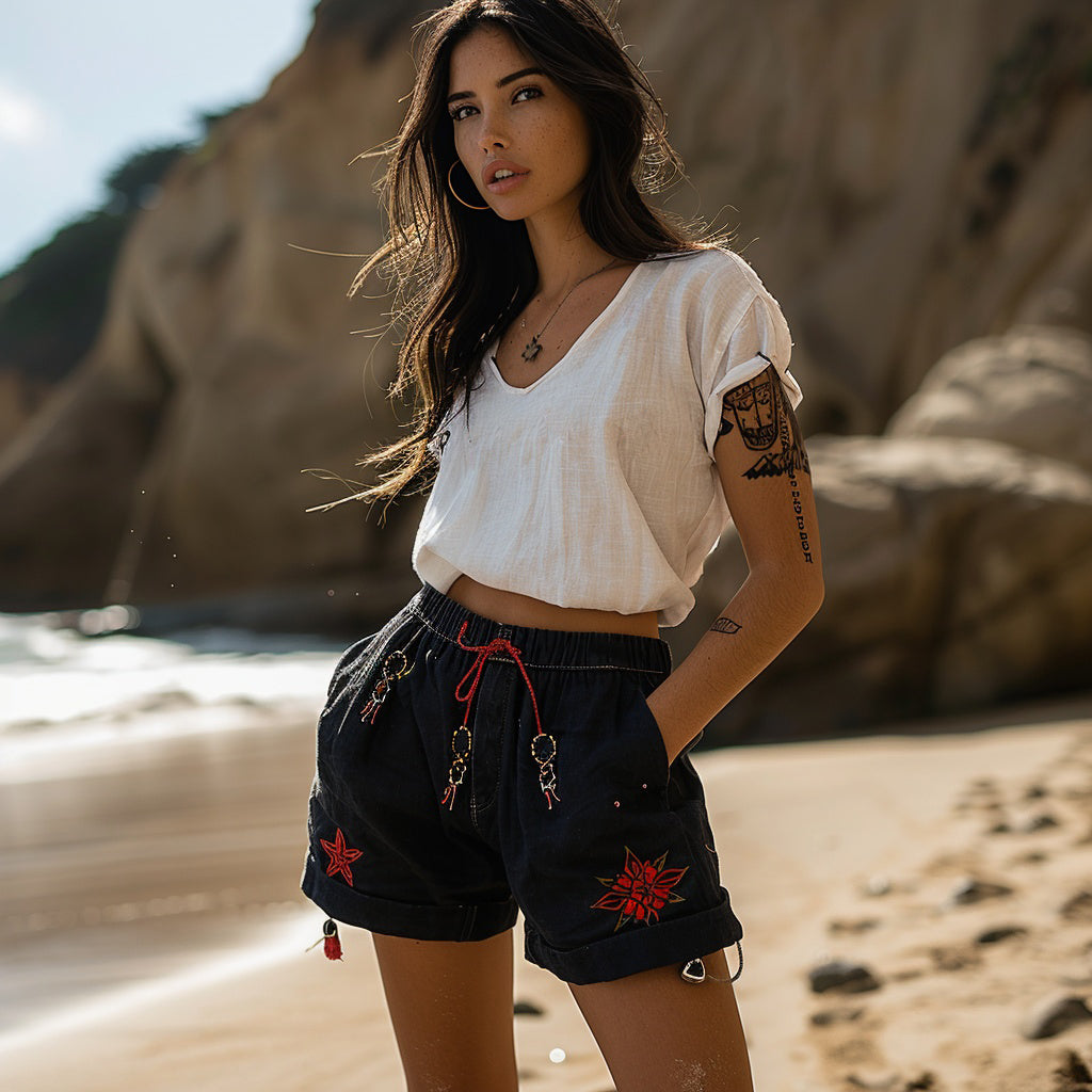 Women's Casual Bohemian Style Beach Vacation Basic Linen Top