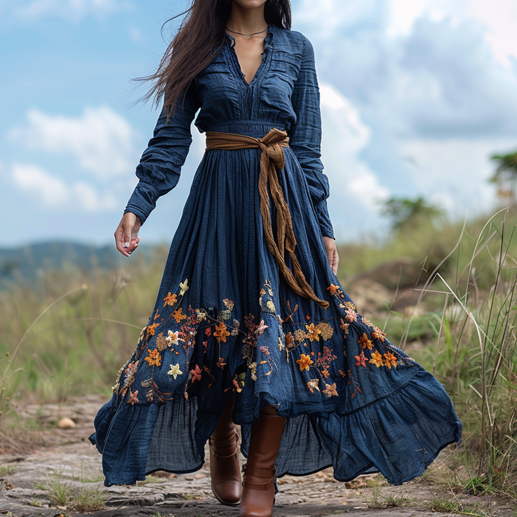 Women's Vintage V-neck Floral Bohemian Pastoral Style Long-sleeved Maxi Long Dress