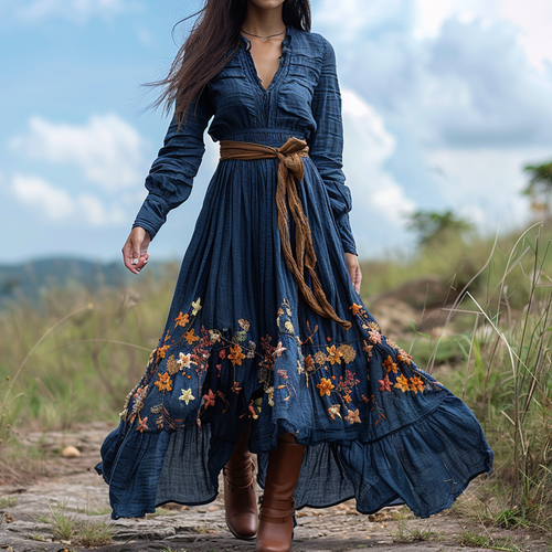 Women's Vintage V-neck Floral Bohemian Pastoral Style Long-sleeved Maxi Long Dress