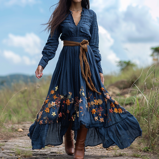 Women's Vintage V-neck Floral Bohemian Pastoral Style Long-sleeved Maxi Long Dress