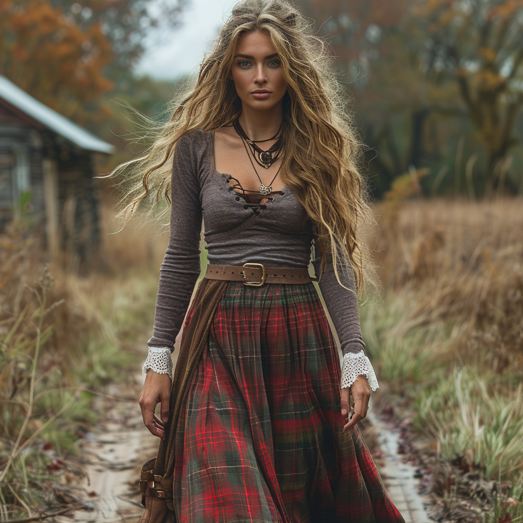 Women's Retro Plaid V-neck Long-sleeve Long Skirt Pastoral Style Maxi Long Dress