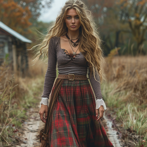 Women's Retro Plaid V-neck Long-sleeve Long Skirt Pastoral Style Maxi Long Dress