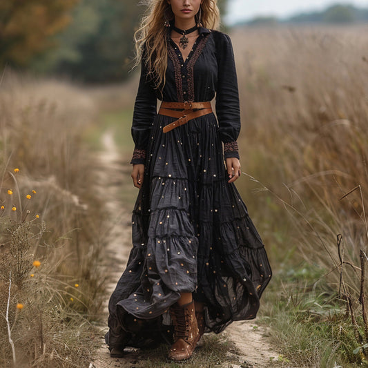 Women's Vintage V-neck Bohemian Pastoral Style Long-sleeve Maxi Long Dress