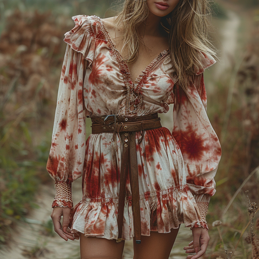Women's Retro V-neck Tie Dye Halloween Party Long-sleeve Mini Short Dress