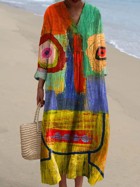 Women's Vintage Abstract Figure Painting Art Print Casual Dress