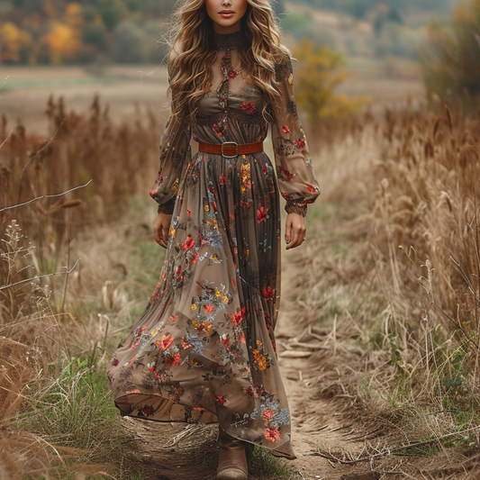 Women's Retro V-neck Floral Pastoral Style Long-sleeve Maxi Long Dress