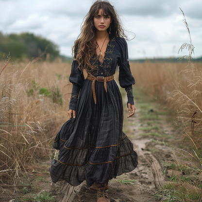 Women's Vintage V-neck Floral Bohemian Pastoral Style Long-sleeved Maxi Long Dress