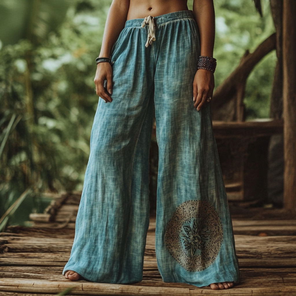 Vintage Bohemian Casual Holiday Gradient  Tie Dye Style Linen Long Loose Wide-leg Pants 0767