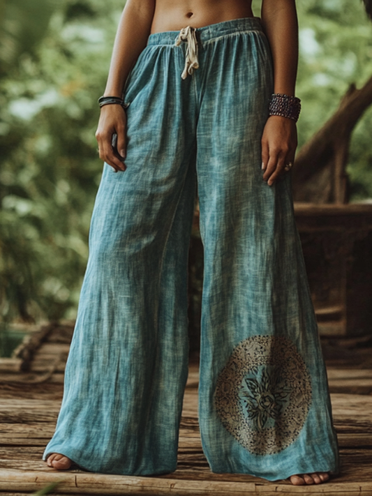Vintage Bohemian Casual Holiday Gradient  Tie Dye Style Linen Long Loose Wide-leg Pants 0767