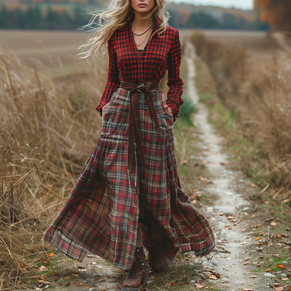 Women's Retro V-neck Plaid Long-sleeve Bohemian Pastoral Style Maxi Long Dress