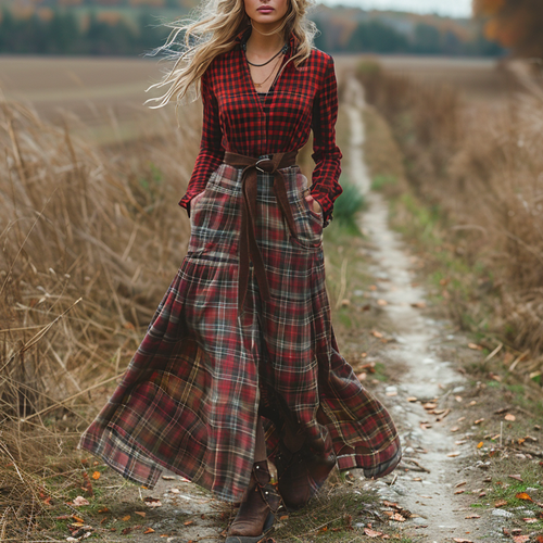 Women's Retro V-neck Plaid Long-sleeve Bohemian Pastoral Style Maxi Long Dress