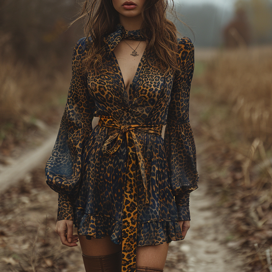Women's Retro Pastoral Leopard Style Long-sleeve Short Skirt Dress