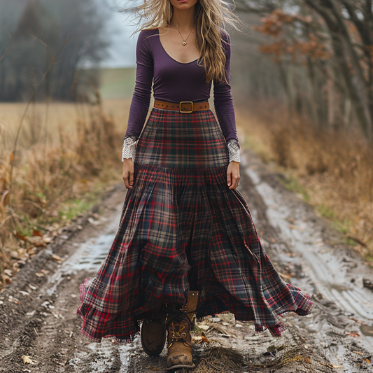 Women's Retro Plaid V-neck Long-sleeve Long Skirt Pastoral Style Maxi Long Dress