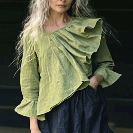 Women's Casual Linen Ruffled Long-sleeve Top Shirt